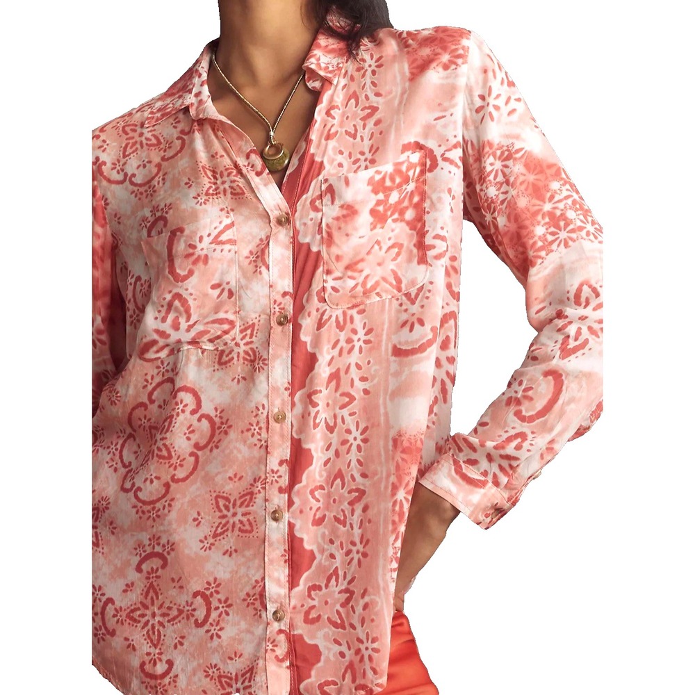 Pilcro Anthropologie Romy Button Down Shirt Womens L Pink Batik Relaxed Flowy